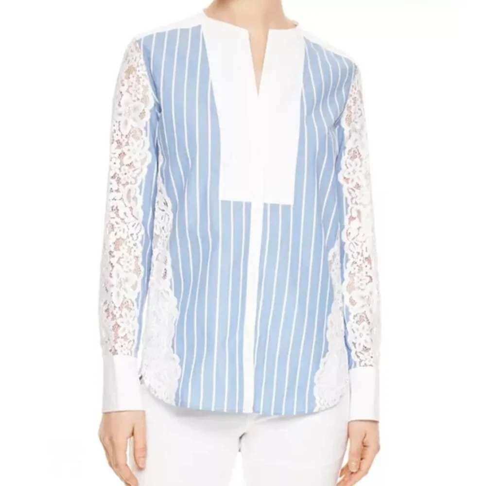 Sandro Paris Blue White Striped Lace Panel Button Front Blouse Size 1 Small